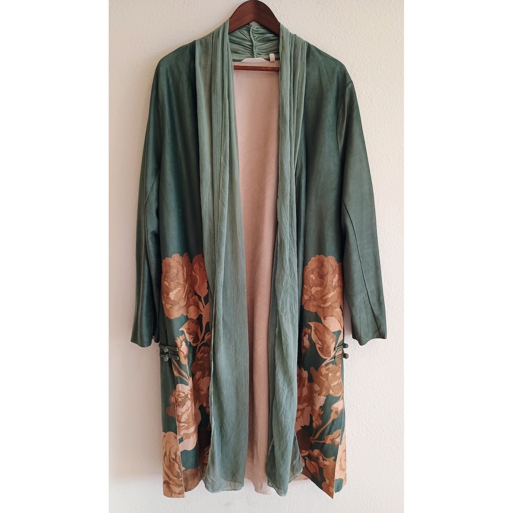 Soft Surroundings Green Brown Faux Suede Floral Duster Jacket Chiffon Trim 2X